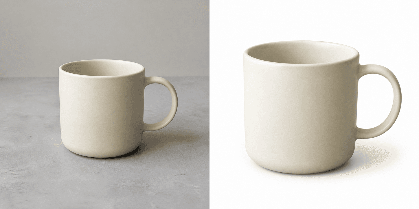 Before and after comparison of an unbranded ivory ceramic mug, from a gray tabletop reference photo to a white-background catalog image.